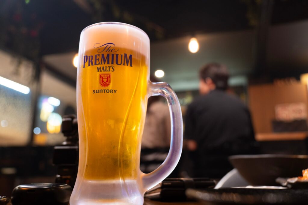 A 700ml medium draft beer in a Premium Malt’s mug at Chijimi in Noda, Osaka